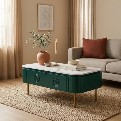 Image of Solid Wood Mandala Center Table with Sintered Stone Top for Living Room |Premium Acrylic Emerald Green | 115 cm (W) x 60 cm (D) x 45 cm (H)