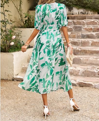 Image of UONBOX Women's V Neck Floral Dress Summer 2025 Trendy Pleated Boho Flowy Puff Sleeve Maxi Dress