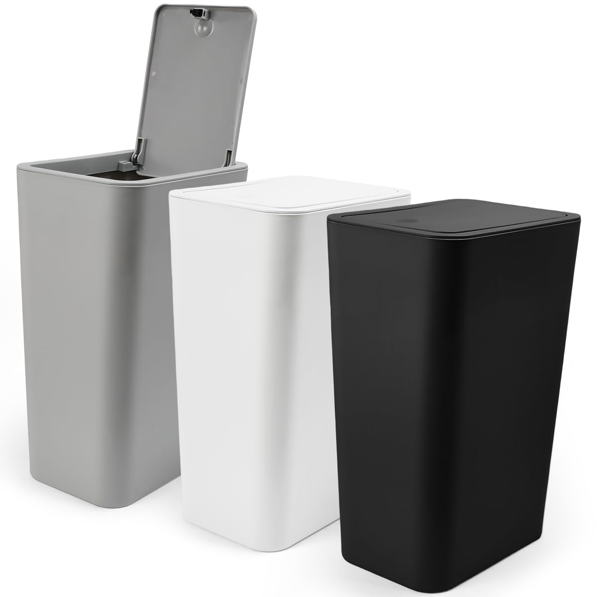 3 Pezzi Bidone della Spazzatura con Coperchio a Pressione, Bidone per Rifiuti Sanitari, Pattumiera di Plastica Push, 32.5x19.5x13cm, Compatto per Camera da Letto, Casa, Ufficio, Bagno e Auto