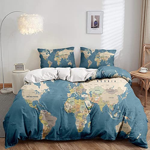 AOLIGL Housse de Couette 140x200 cm Carte du Monde Ensemble de Literie avec Fermeture Éclair, Imprimé Housse de Couette en Microfibre + 2 Taie d'oreiller 65x65 cm, pour Ado Adultes Cover
