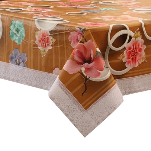 Image of Dakshya Industries 6 Seater PVC Waterproof Dining Table Cover 60x90 Inch | Floral Printed Washable Table Cloth with Lace Border