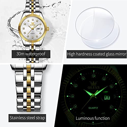 Image of OLEVS Womens Watches Diamond Luxury Dress Gold Wrist Watch Stainless Steel Waterproof Luminous Date