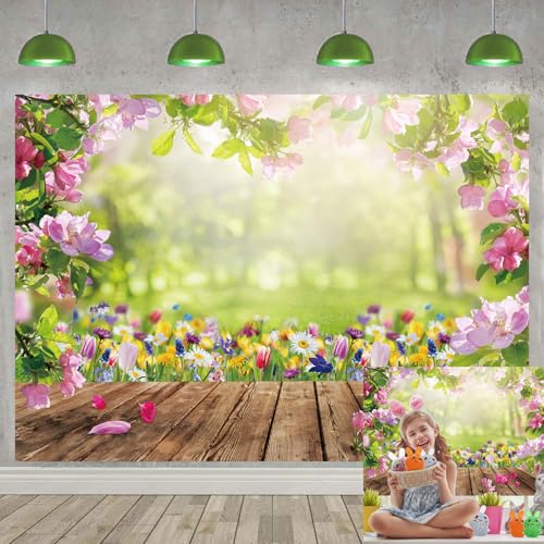 Toile de fond pour photographie de printemps, Pâques, plancher en bois, fleurs, paysages naturels, toile de fond pour enfants, anniversaire, fête prénatale,...