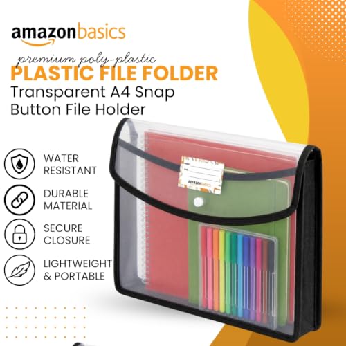 Image of Amazon Basics Horizontal File Folder | Transparent Poly-Plastic Envelope Pouch for A4 /Foolscap Documents | Water Resistant Snap Button File Storage Bag | Office, School Stationery | Black - Pack of 5