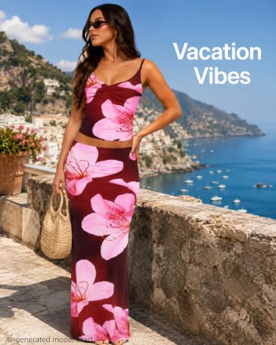 Image of Two Piece Skirt Set Women Maxi Long Skirt and Top Outfit | Soft stretchy 5 pc, slim bodycon, adjustable spaghetti straps, ruched crop tank, elastic waist, going out, beach vacation