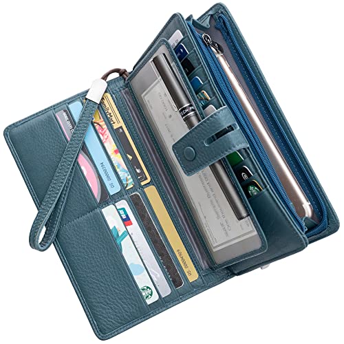Women's Big Fat RFID Blocking Leather Wristlets Wallet Organizer Checkbook Holder (Blue)2
