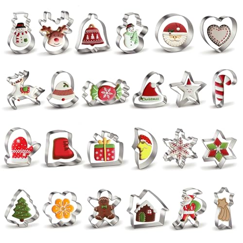 ROELLY 24 peças moldes bolachas Natal, moldes de substituição de Natal em aço inoxidável, árvore de Natal, flocos de neve, homens de gengibre, corta-massa de Natal, cortadores de bolachas