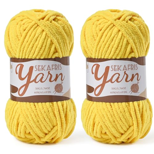 Image of 2 Pack Fluffy Velvet Yarn for Crocheting,Baby Blanket Yarn for Crocheting Soft,100g(131yds) Amigurumi Yarns,Plush Chenille Crochet Yarns,Puzzle Yarn for Crochet Weaving Craft(2 Golden Yellow)