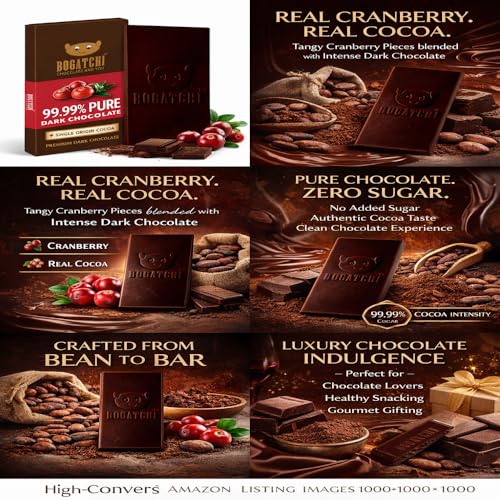 Image of BOGATCHI Premium 99% Dark Chocolate with Cranberry | Zero Sugar Luxury Dark Chocolate Bar | Real Cocoa Intense Rich Taste | Healthy Guilt-Free Snack | Antioxidant Rich Chocolate, 60g Pack