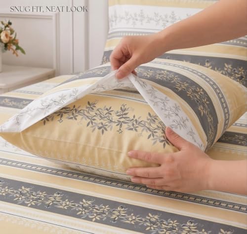 Image of IVAZA 240 TC Soft Ezyption Cotton Floral Print Single Bed Bedsheet - with 1 Pillow Covers, Hypoallergenic, Brethable, (Size- 60 x 90 Inch | Gold Cream