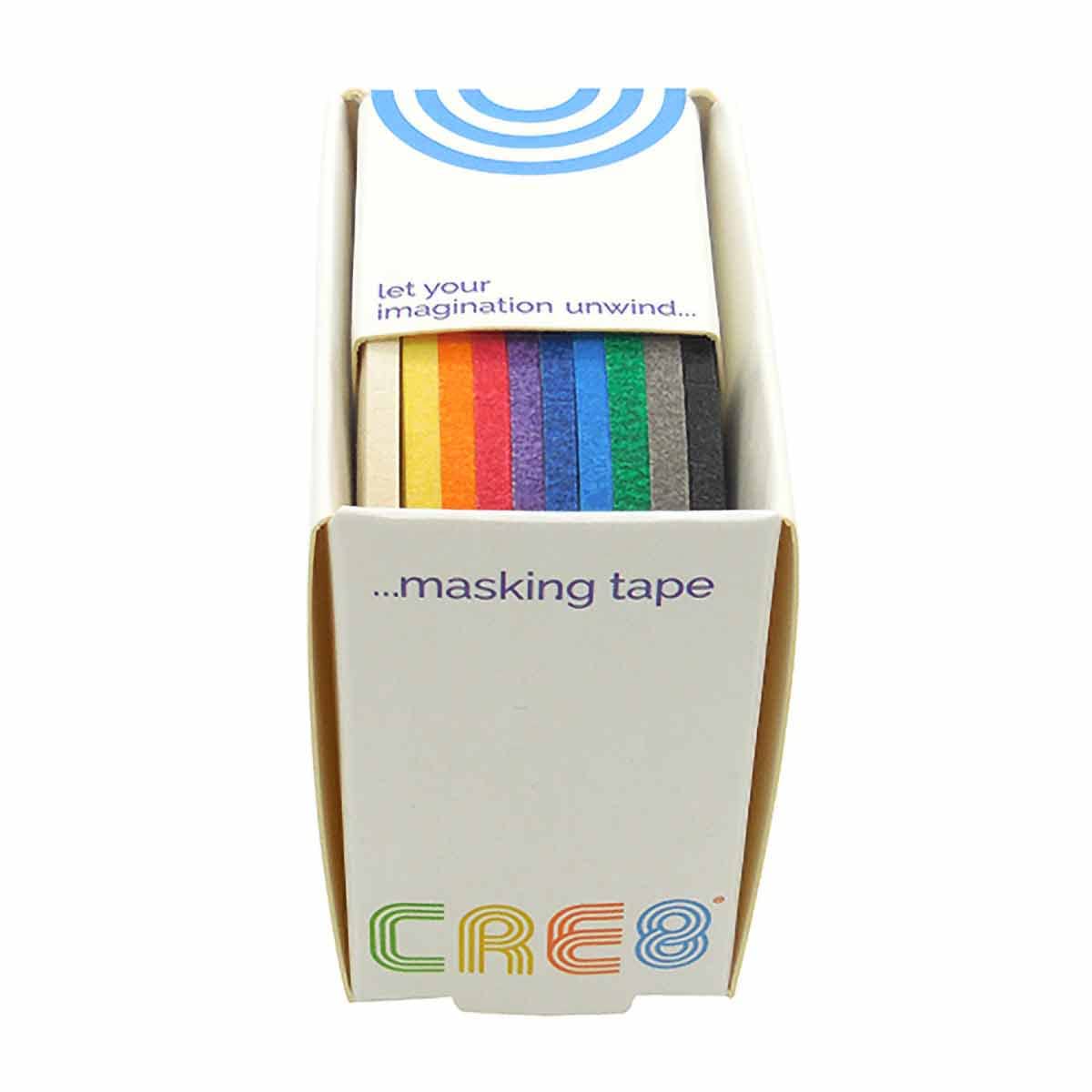 Cre8 Solid Colour Masking Tape - 10 Coloured Masking Tapes in a Box - 3 Sizes (3mm X 8M)