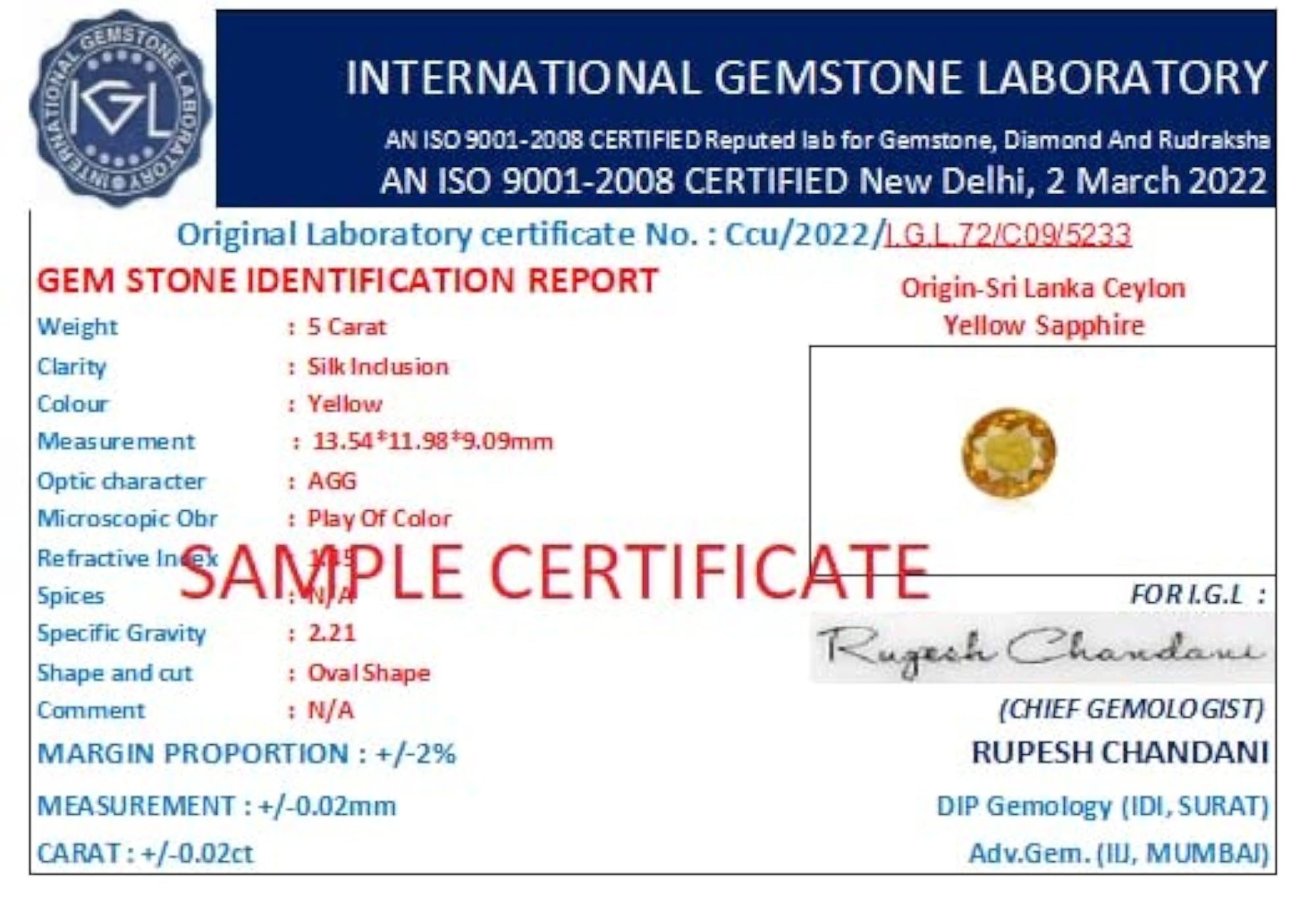 Ceylon Pukhraj Stone, Original Certified 5.50 Carat