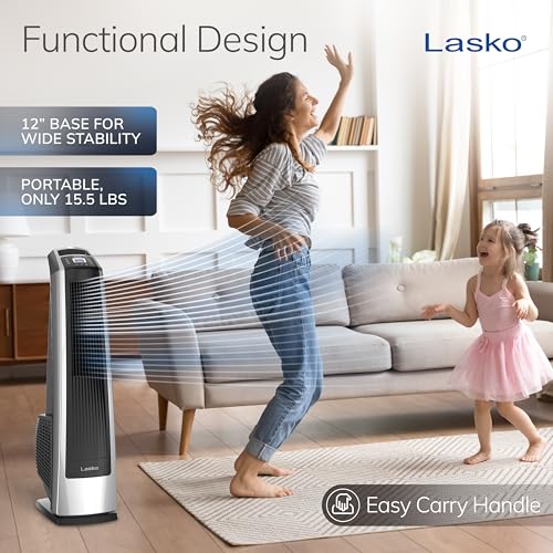 Image of Lasko High Velocity Oscillating Tower Fan with Remote Control - Quiet Standing Fan for Bedroom, Office, and Home - 3 Speeds - Powerful Cooling Air - U35115 - 35 inch Tall - Silver and Black