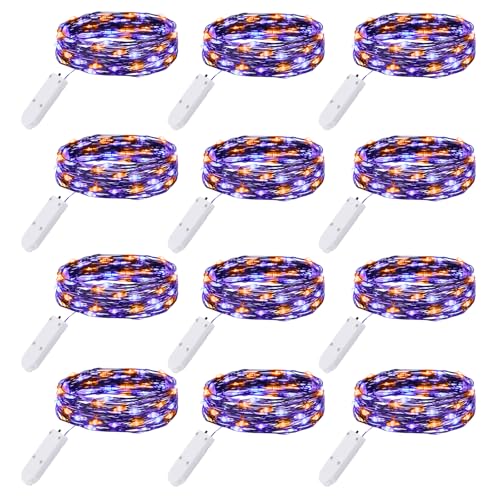 Brightown 12 Pack Purple Orange Fairy Lights Battery Operated String Lights - 7ft 20 LED Waterproof Short Micro Firefly Light for Halloween Decor, Pumpkin DIY Craft, Paper Lantern Decoration