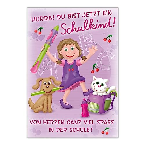 Perleberg - schöne Karte zum Schulanfang mit Mädchen Motiv - hochwertige Karten zur Einschulung - Einschulung Karten mit Umschlag - Glückwunschkarte für Jungen & Mädchen 11 6 x 16 6 cm