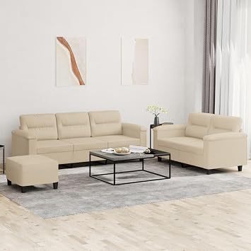 3-Piece Sofa Set, Cream Microfibre Fabric, Robust Metal Plywood Frame, Comfortable Padded for Living Room, Includes Footstool, 2 & 3 Seater