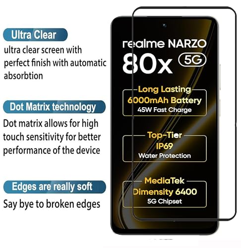 Image of Tempered Glass Screen Protector Compatible For Realme Narzo 80x (6.72 Inch) Black Cellphone With Edge To Edge Coverage And Easy Installation Kit