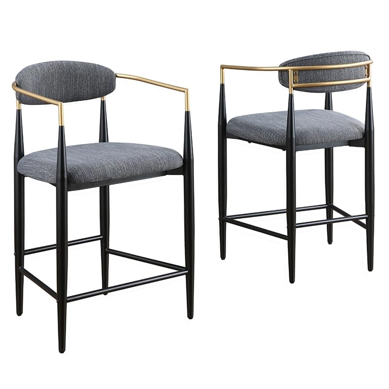 Pemberly Row Low Back Gray Linen Fabric Wood Bar Stools (Set of 2)
