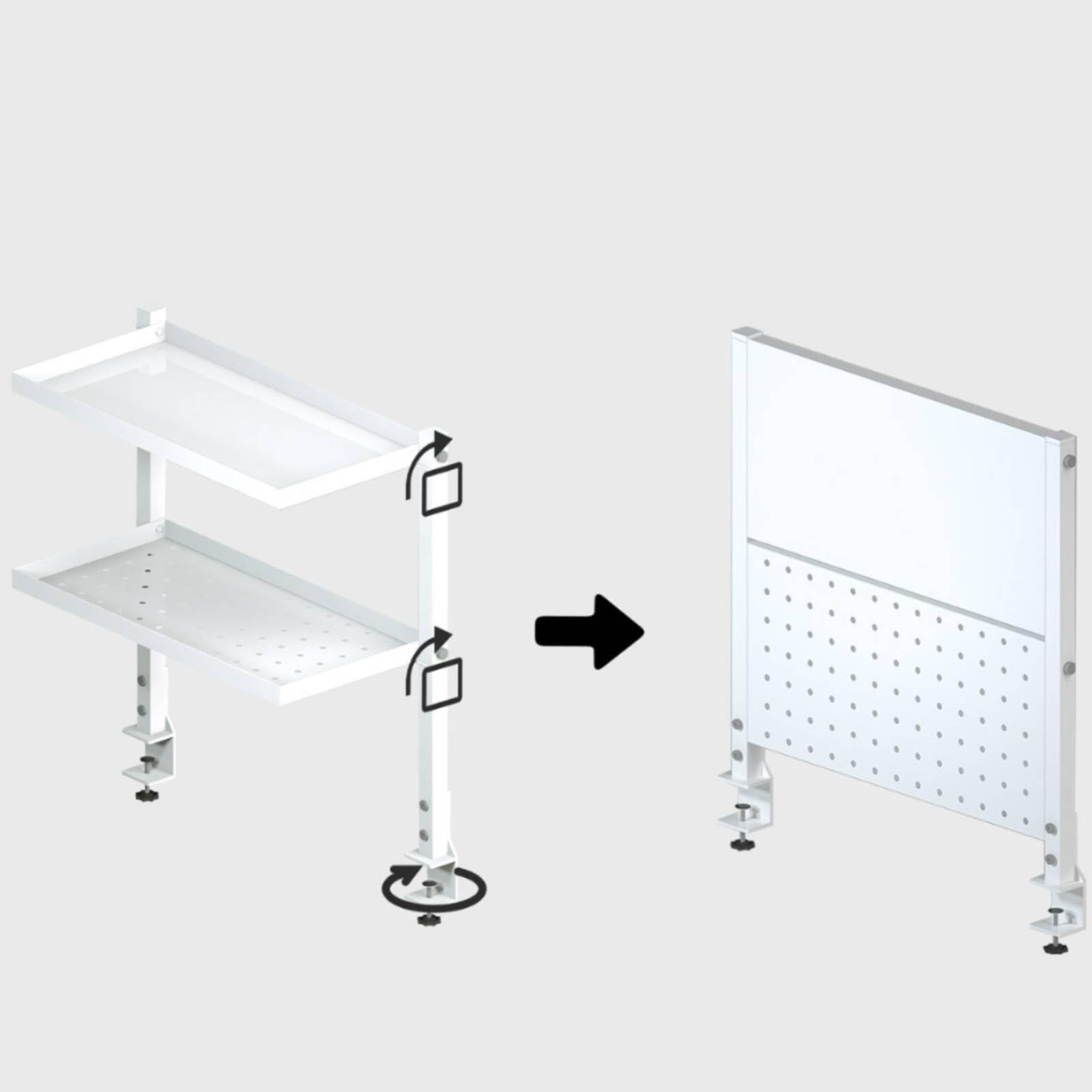 Scaffale da Scrivania con Morsetto Organizer Ripiano Supporto Pensile Mensola Metallo Acciaio al Carbonio con Doppia Mensola E Pannello Forato Adatto per Ufficio Studio Postazione Lavoro