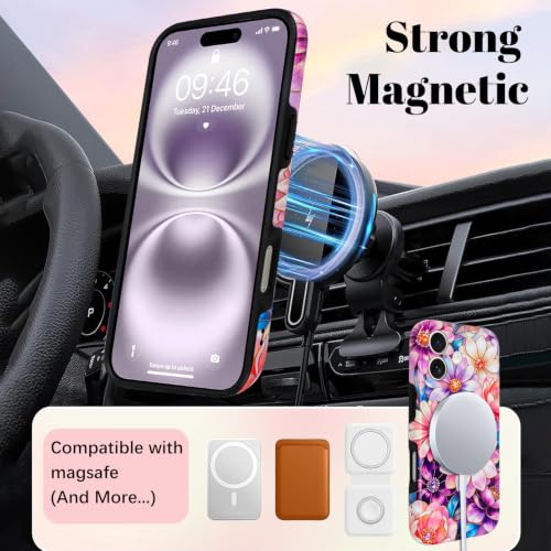 Image of Magnetic for iPhone 16 Case for Women Girl, Colorful Floral | Stylish Flower Pattern Design [Compatible with MagSafe] [Full Camera Protection] 2-Layer Hybrid Shockproof Glossy Phone Case