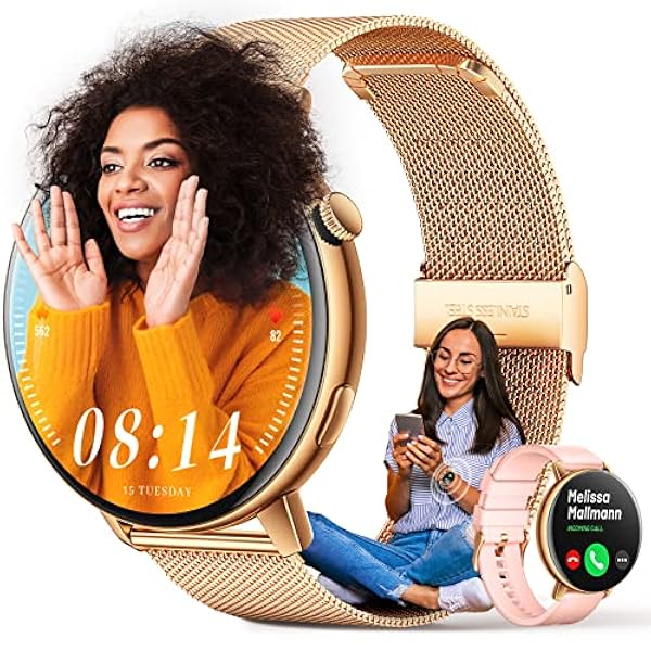 Reloj Inteligente Mujer Redonda con Llamadas - Smartwatch Mujer con Whatsapp, 1.32" Relojes Deportivo con 20 Modos Deportes, Seguimiento Menstrual, SpO2, Presión Arterial, Ritmo Cardíaco, Oro Rosa