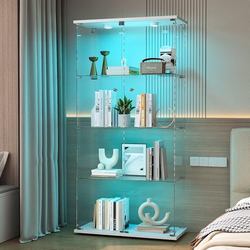 BPKADHY - Meuble vitrine en verre avec LED, 164 x 80,5 x 36,5 cm, avec 2 portes et 4 étagères, serrure, vitrine transparente pour bar, objets de collection,...