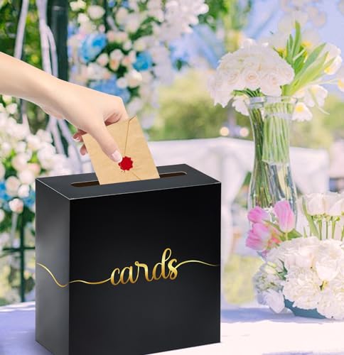 Image of SietDESEO Black and Gold Card Box for Party Gift Card Box Holder for Wedding Reception Baby Shower Birthday Decorations Raffle Ticket Box