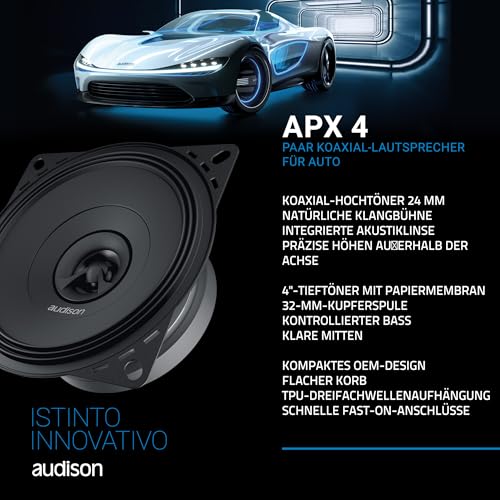 Audison APX 4 – Paar 2-Wege-Koaxiallautsprecher 100 mm für Autos mit maximaler Leistung 120W und Pressfaser-Membran für lineare Wiedergabe – Bild 4