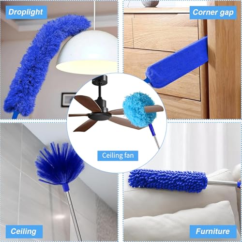 Image of Duster with Extension Pole - Royal Blue | 6-in-1 Kit Dusters for Cleaning, Extendable Duster with 100 Inches, Microfiber Dusters for Ceiling Fans, Furniture, Blinds