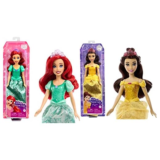 Disney Princess Ariel Muñeca Princesa película La Sirenita, Juguete +3 años (Mattel HLW10) & Princess Bella Muñeca Princesa película La Bella y la Bestia, Juguete +3 años (Mattel HLW11)