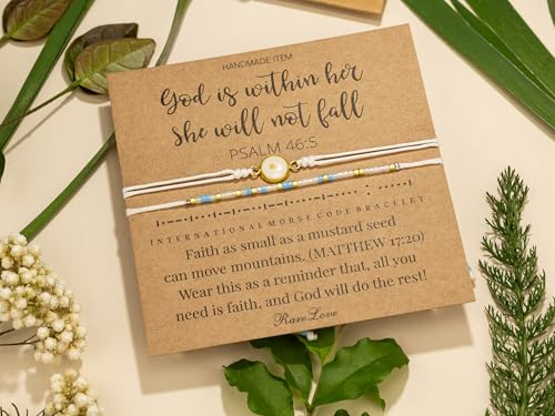 RareLove 2pcs Mustard Seed Jewelry-God is Within Her She Will Not Fall Morse Code Beaded Bracelets Christian Jewelry Prayer Bracelet for Women-Blue White Golden Pony Beads3