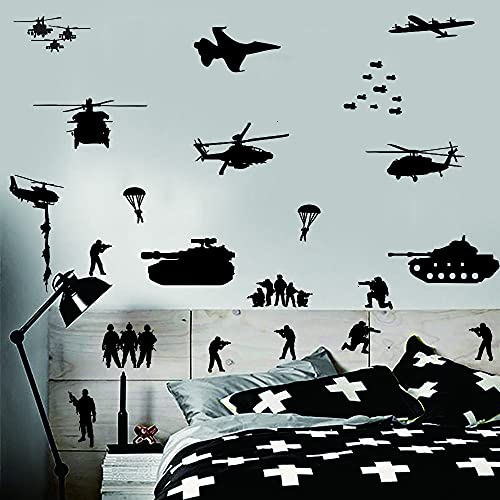Army Tank Wall Decors Set For Wall Solider Military Helicopter Wall Stickers For Teens Boys Bedroom Kids Room Vinyl Decals (Black (Jwh117)) #TOP6