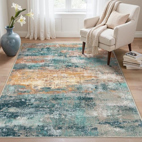 Image of BEIMO Area Rugs 8x10 for Living Room Bedroom, Modern Abstract Machine Washable Rug, Large Soft Low Pile Floor Carpet with Non Slip Backing for Dining Room, Blue /Orange