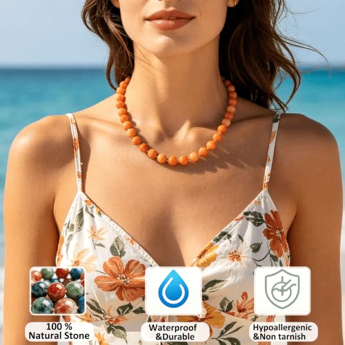 Image of GINAZL Natural Stone Beaded Choker Necklace for Women, Chunky Multicolor Gemstone Handmade Necklace, Boho 12MM Bead Summer Beach Jewelry Gifts for Women