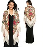 SmilerSmile Extra Large Russian Style Pashmina Shawl Wrap for Women, 63' Oversized Women's Scarves & Wraps with Tassel Traditional Retro Floral Poncho Shawls (XL, Cream)