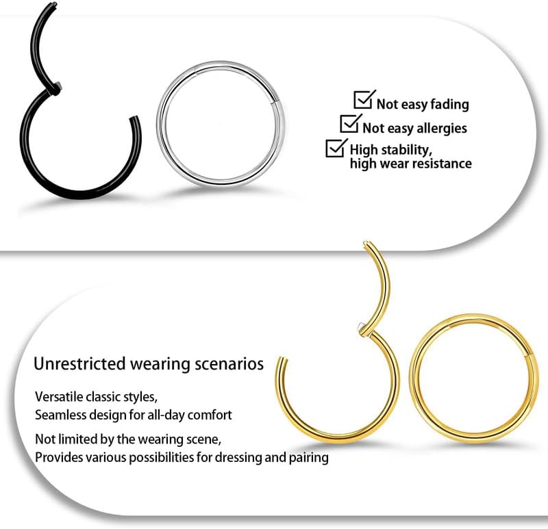 2pcs 316l Surgical Steel Nose Rings 20G 18G 16G Nose Hoop Diameter 6mm 7mm 8mm 9mm 10mm 12mm Septum Ring Cartilage Earrings Helix Tragus Conch Daith Rook Nose Piercing Jewelry Gold-Silver - Image 6