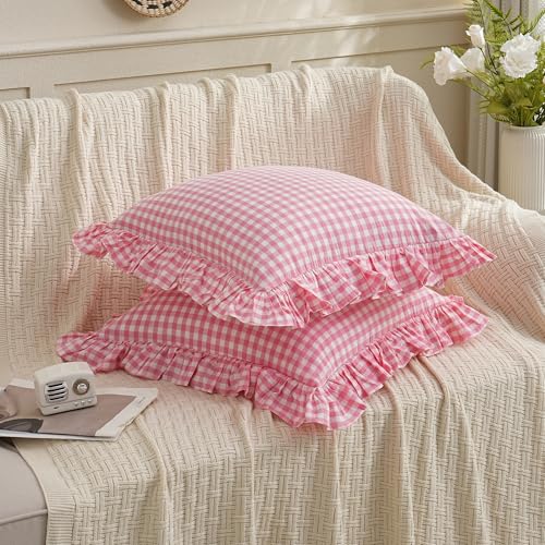 2 Pack Pink/White Plaid Ruffled Checkered Throw Pillow Cover 20 x20 inches, Washed Cotton Vintage Farmhouse Pillow Sham Decorative Gingham Pillowcases for Bed/Living Room