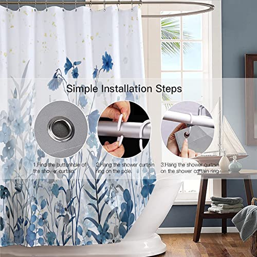 Decoreagy Blue Floral Shower Curtain,Navy Blue Lush Flowers Bathroom Shower Curtains Sets With 12 Hooks,Watercolor Pretty Botanical Leaves Blossom Bath Curtains,72X72In,Waterproof Fabric #TOP2