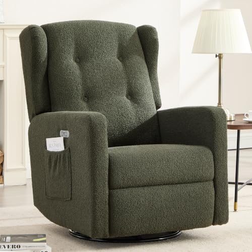 Image of Ketaiyou Power Swivel Rocking Recliner Chair, Electric Rocker Nursery Glider Chair, USB and Type-C Ports, Upholstered Teddy Fabric Reclining Single Sofa Chair for Living Room (Green)