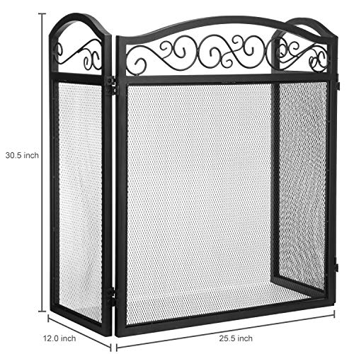 Mygift Black Mesh Wrought Iron 3 Panel Indoor Fireplace Screen Spark Guard Fireplace Cover With Decorative Scrollwork Design #TOP4