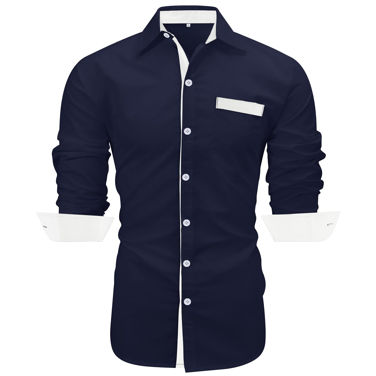 NeedBo Mens Long Sleeve Dress Shirts Slim-Fit Contrast Color Casual Button Down Shirts with Pocket