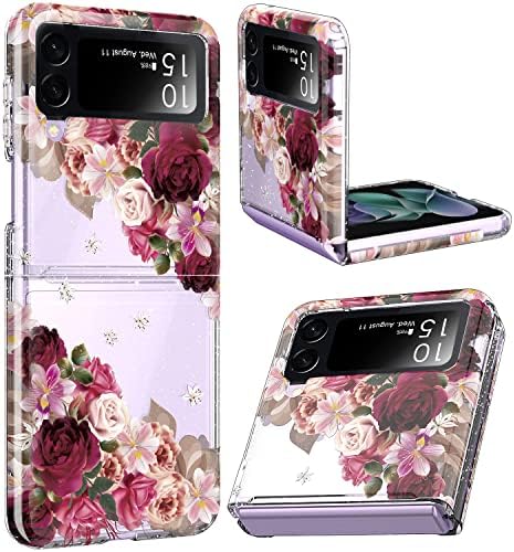 ACKETBOX Galaxy Z Flip 3 Case,Glitter Clear Sparkly Bling TPU Built-in Non-Slip Mat Impact Resistant Shockproof Hybrid Full Body Protective Case Cover for Samsung Galaxy Z Flip 3 5G 2021 (Flower)