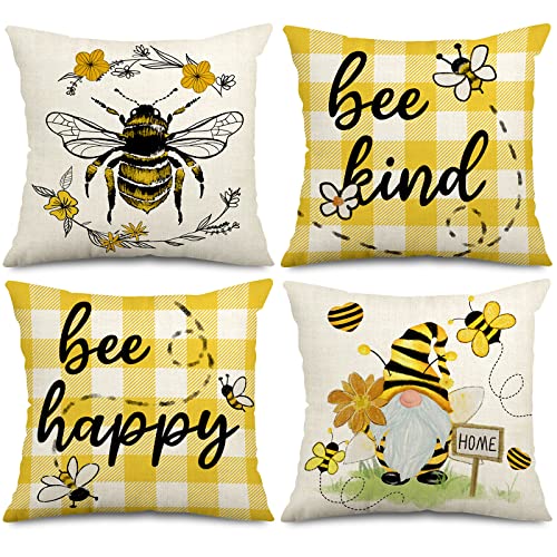Anydesign Bee Happy Bee Kind Pillow Covers 18 X 18 Inch Yellow White Buffalo Plaids Bee Throw Pillow Case Summer Gnome Decorative Pillow Case Cushion Cover For Home Office Farmhouse Sofa, Set Of 4 #TOP7