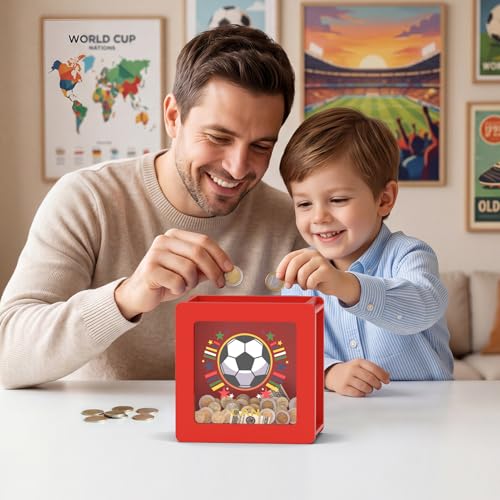 Image of Summidate Wooden Soccer Money Box, World Cup Theme Piggy Bank for Kids and Adults, Personalized Football Savings Jar with Clear Window and DIY Stickers, Decorative Sports Gifts for Teenagers & Fans