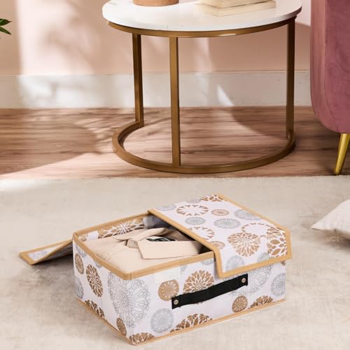 Image of Amazon Brand - Solimo Double Lid Foldable Storage Box | Toys Storage Bin | Wardrobe organizer for Clothes | Front Handle | Stackable Rack | 36 x 25 x 16 cm (Gola Print, White)
