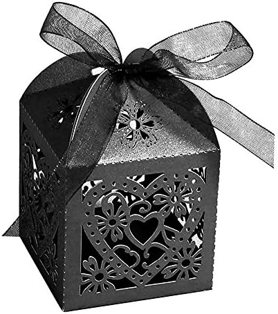 Little Snow Direct 20pcs Love Heart Luxury Boxes With Organza Ribbons Wedding Party Favour Laser Cut Sweets Cake Candy Gift Favor - Black