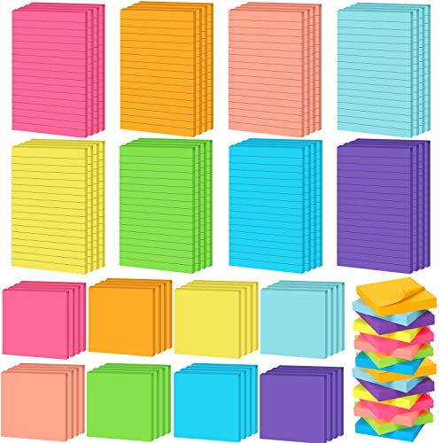 Yexiya 64 Pcs Lined Sticky Notes Self Stick Notes with Lines Bright Assorted Colors Sticky Pad for Home Office Products Post Memos, 1920 Sheets(4 x 6 Inch, 3 x 3 Inch,Stylish Color)