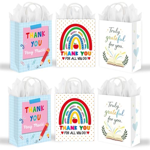 LIJUGITF 12 Pack Teacher Appreciation Gift Bags with Tissue Paper - 9 Teacher Thank You Bags with Handles for Teachers Appreciation Week Teachers Day End of Year Graduation & Retirement