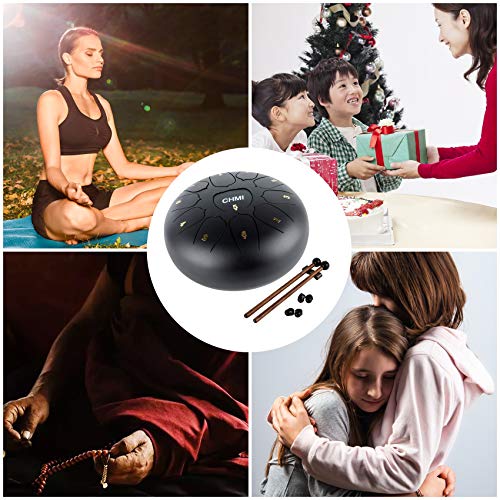 Steel Tongue Drum, 11 Notes 10 inches Percussion Instrument Handpan Drum with Bag, Music Book, Mallets, Finger Picks, Drum Mallets Holder (10 Inch Black) - Thumbnail 2