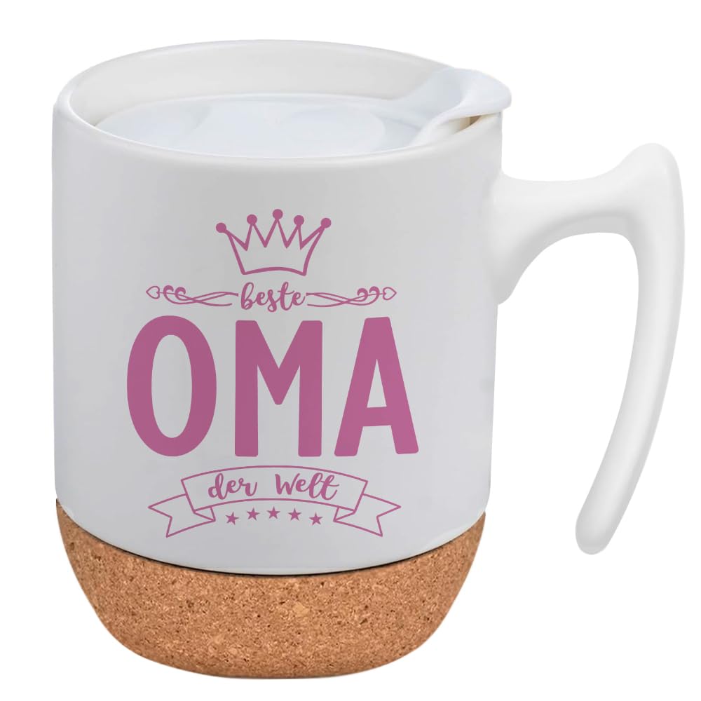 Muttertagsgeschenk für Oma Tasse mit Deckel und Untersetzer, Beste Oma der Welt Kaffeetass Geschenk für Großmutter zum Geburtstag Muttertag Weihnachten